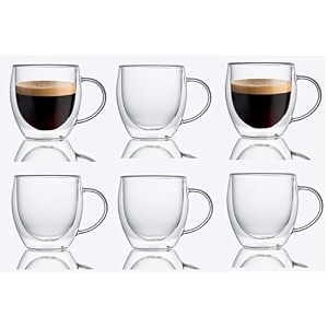 double wall glass 250ml set of 6 coffee cups - double walled glass mugs for hot amp cold drinks coffee tea milk cappuchino juice 6 250ml cup