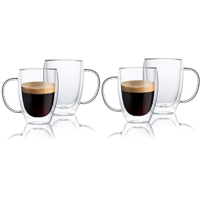 double wall glass 350ml set of 4 coffee cups - double walled glass mugs for hot amp cold drinks coffee tea milk cappuchino juice 4 350ml cup