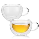 Double Wall Insulated Glass Tea Cups Set of 2, Clear Borosilicate Espresso Shot Cups for Espresso Machine, Glass Teacups Coffee Mugs with Handle for Cappuccino Latte, 7OZ/200ML