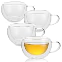 Double Wall Insulated Glass Tea Cups Set of 4, Clear Borosilicate Glass Espresso Shot Cups for Espresso Machine, Teacups Coffee Mugs with Handle for Cappuccino Latte, 7OZ/200ML