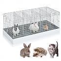 DoubleFill 5 Hole Folding Rabbit Transport Cage 30 x 12 x 12 in Portable Bunny Carrier with Tray and Handles for Transport, Travel or Temporary Housing, Pet Habitat Animal Enclosure(Silver)