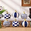 DoubleFill 6 Pcs Blue and White Grid Ceramic Pumpkin Fall Table Centerpiece