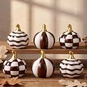 DoubleFill 6 Pcs Brown and White Checkered Ceramic Pumpkins Fall Decor