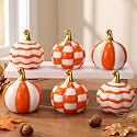 DoubleFill 6 Pcs Orange Checkered Stripe Ceramic Pumpkins Fall Centerpiece