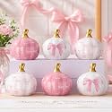 DoubleFill 6 Pcs Pink and White Bow Ceramic Pumpkins Fall Table Decor