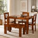 Douceur Solid Sheesham Wooden 4 Seater Dining Table with Bench | Wood Dining Table Set of 4 | Wood Dining Table &amp; Chairs for Home, Restaurant, Cafe, Dining Room | Honey Finish