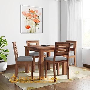douceur furnitures solid sheesham wood 4 seater dining table set with cushioned chairs for dining room  living room  home amp office  hotels restaurant amp cafe  finish- natural teak cushions-grey