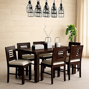 douceur sheesham wood 6 seater dining table set  solid wood dining table set with 6 chairswooden dining table for home restaurant cafe hotel amp dining roomnatural teak finish with cream cushion