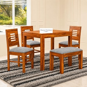 douceur solid sheesham wooden 4 seater dining table with bench  wood dining table set of 4  wood dining table amp chairs for home restaurant cafe dining room  honey finish with cushion