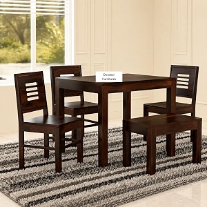 douceur solid sheesham wooden 4 seater dining table with bench  wood dining table set of 4  wood dining table amp chairs for home restaurant cafe dining room  walnut finish