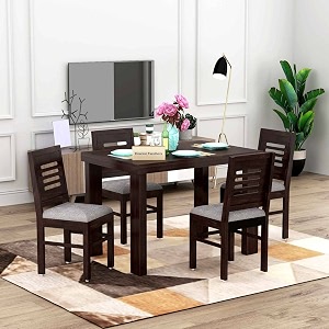 douceur solid sheesham wooden dining table set 4 seaterhandcrafted dinner table set of four with 4 cushioned chairfurniture for homekitchendining roomofficeliving roompremium walnut finish