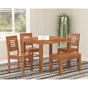 douceur furnitures solid sheesham wood 3 chair with 1 bench dining table set without cushioned chairs for dining room  living room  home amp office  hotels 4 seater with bench finish -naturalteak