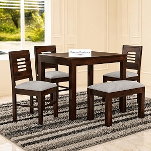 douceur solid sheesham wooden 4 seater dining table with bench  wood dining table set of 4  wood dining table amp chairs for home restaurant cafe dining room  walnut finish with cushion