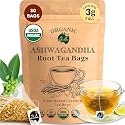 Dr. Lu’s Organic Ashwagandha Tea | Wild-Harvested Ashwagandha Root from India’s Ayurvedic Regions | Caffeine-Free Herbal Tea | 30 x 3g Corn Fiber Pyramid Tea Bags (No Plastic, No Nylon)