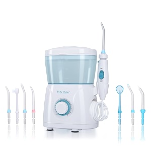 dr odin fc-166 oral irrigator for teeth cleaning  water flosser with 10 pressure settings 600 ml water tank 3-minute smart timer amp interchangeable nozzles white amp blue