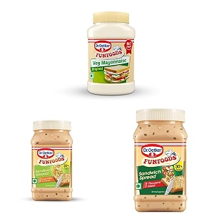 droetker funfoods mayonnaise and sandwich spread combo - veg mayo original 250g cucumber amp carrot sandwich spread 250g and thousand island sandwich spread 250g