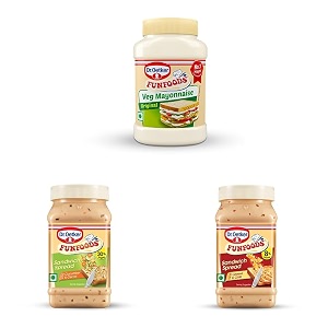 droetker funfoods mayonnaise and sandwich spread combo - veg mayo original 250g cucumber amp carrot sandwich spread 250g and cheese chilli sandwich spread 250g
