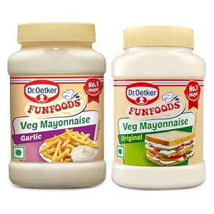 dr oetker funfoods vegetarian mayonnaise combo - veg mayonnaise original 250g pack of 2 and garlic mayonnaise 250g pack of 1