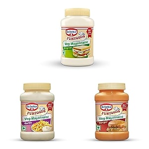 dr oetker funfoods vegetarian mayonnaise combo -veg mayonnaise original 250g veg mayonnaise garlic 250g and burger mayonnaise 250g