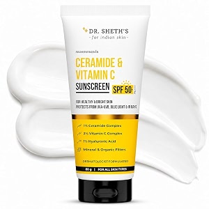 dr sheth39s ceramide amp vitamin c sunscreen spf 50 pa in-vivo tested  for healthy amp bright skin  lightweight amp non greasy  for uvauvb amp blue light amp ir protection  no white cast  for all skin types  for men amp women  80 g