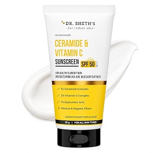 dr sheth39s ceramide amp vitamin c sunscreen spf 50 pa  broad spectrum uvauvb protection  in-vivo tested  lightweight  no white cast  reduces tan  50 g