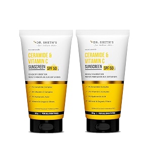 dr sheth39s ceramide amp vitamin c sunscreen  spf 50 pa  with 2 vitamin c complex 1 ceramide  in-vivo tested  for bright skin amp healthy glow  non-greasy quick-absorbing no white cast  uvab amp bluelight protection  for men amp women  for all skin types  50 g x 2