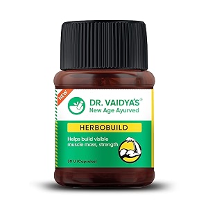 dr vaidyas herbobuild mass gainer for men  ayurvedic weight gainer capsules for muscle gain strength amp stamina  safe amp natural mass gainer for men  30 capsules pack of 1