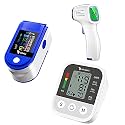 DR VAKU 3in1 Combo Fingertips Pulse Oximeter with Four Color TFT Display FDA Approved Blood Pressure Monitor | 1x Non-Contact LCD Display Infrared Digital Forehead Thermometer | Blue & White