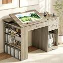 Drafting Table with Storage Cabinet & Drawers, Adjustable Drawing Table with Open Shelves, Craft Art Desk for Artists, Painters, Drawing, Crafting, Reading, Writing, Working (Grey)