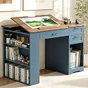 Drafting Table with Storage Cabinet & Drawers, Adjustable Drawing Table with Open Shelves, Craft Art Desk for Artists, Painters, Drawing, Crafting, Reading, Writing, Working (Blue)
