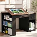 Drafting Table with Storage Cabinet & Drawers, Adjustable Drawing Table with Open Shelves, Craft Art Desk for Artists, Painters, Drawing, Crafting, Reading, Writing, Working (Black)