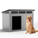 DRATO Dog House, Weatherproof Resin Outdoor Dog House for Large Dogs, Sloped Openable Roof, Air-Rod Support &amp; Fixed Louvered Structure, Spacious Interior Easy Assembly Pet Shelter Indoor Outdoor（Grey）