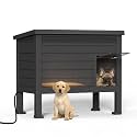 DRATO Indoor &amp; Outdoor Resin Dog House with Raised Floor, Heated Pad and Easy Assembly - Small Breed Shelter Featuring Louvered Vents, Spiked Legs, and Sloped Roof,Black