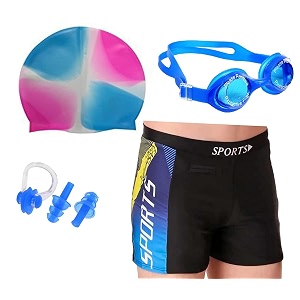 men swimming costume  shorts  trunk goggles cap 2 earplug 1 nose clip swimming kit 28in to 34in waist size