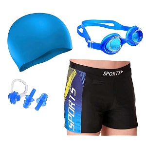 men swimming costume  shorts  trunk goggles cap 2 earplug 1 nose clip swimming kit 28in to 34in waist size