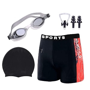 men swimming costume  shorts  trunk goggles cap 2 earplug 1 nose clip swimming kit 28in to 34in waist size