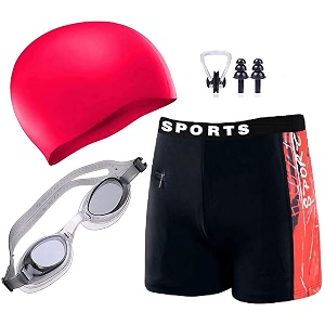 men swimming costume  shorts  trunk goggles cap 2 earplug 1 nose clip swimming kit 28in to 34in waist size