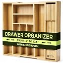 Drawer Organizer for Kitchen Organization – Expandable Bamboo Silverware Drawer Organizer with Removable Knife Block, Bamboo Cutlery, Non-Slip Utensil Organizer with 7-Slot Knife Storage for Flatware