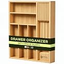 Drawer Organizer with Knife Block for Kitchen Organization, Bamboo Silverware Drawer Organizer, Compact Bamboo Cutlery Tray for Flatware and Utensils, Removable 7-Slot Knife Block for Kitchen Drawers