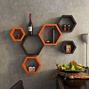 engineered wood shoppee hexagon shape floating wall shelves for living room orange and brown - set of 6