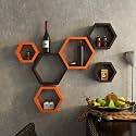 Engineered Wood Shoppee Hexagon Shape Floating Wall Shelves for Living Room (Orange and Brown) - Set of 6