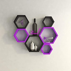 shoppee engineered wood hexagon shape floating wall shelves and racks for living room black amp purple - set of 6
