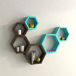 shoppee hexagon shape set of 6 floating wall shelves and racks for living room brown amp blue