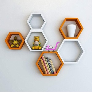 shoppee hexagon shape set of 6 floating wall shelves and racks for living room orange amp white