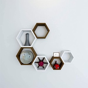 dream arts shoppee hexagon shape set of 6 floating wall shelves and racks for living room brown amp white