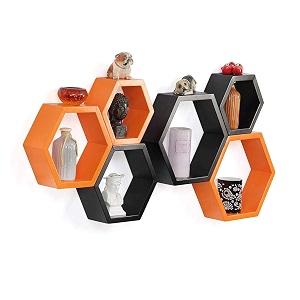 shoppee hexagon shape set of 6 floating wall shelves and racks for living room black amp orange engineered wood