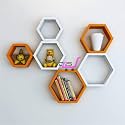 Shoppee Hexagon Shape Set of 6 Floating Wall Shelves and Racks for Living Room (Orange &amp; White)