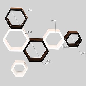 shoppee wood hexagon shape floating wall shelves and racks for living room black amp white set of 6