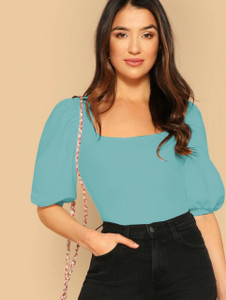 dream beauty fashion casual puff sleeves solid women light green top