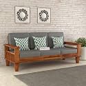 Sheesham Wooden 3 Seater Sofa for Living Room | Rosewood 3 Seater Cushion Sofa with Side Newspaper Holder for Home &amp; Office